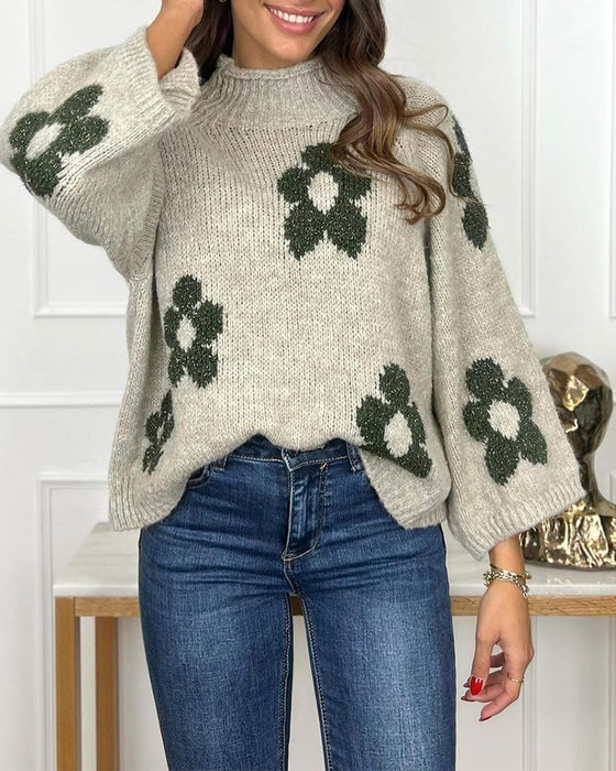 Lässiger pullover mit blumenmuster und stehkragen