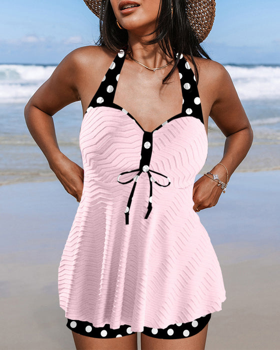 Tankini-Badeanzug mit geripptem Polka-Dot-Print