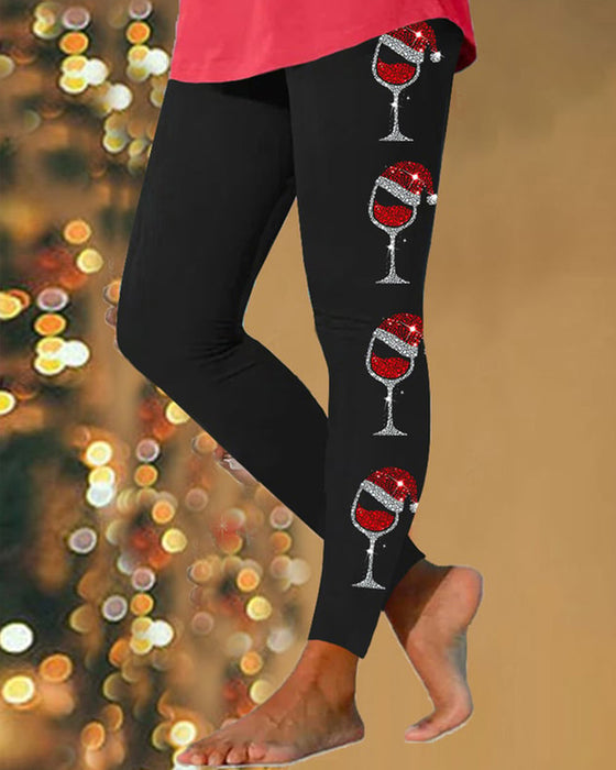 Leggings für damen mit glänzendem weinglas-aufdruck rohe weihnachten