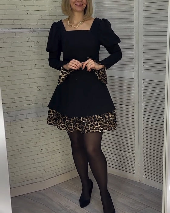 Kleid elegant Puffärmel Leopardenmuster