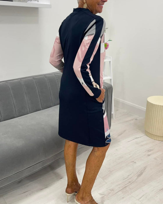 Kleid mit langen Ärmeln und Tasche im Farbblockdesign