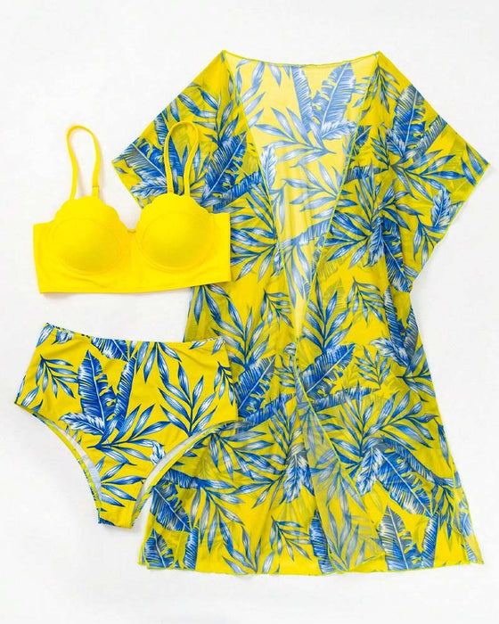 Push-Up-Bikini-Set Mit Tropischer Druckerei Und Kimono Sommerstrand