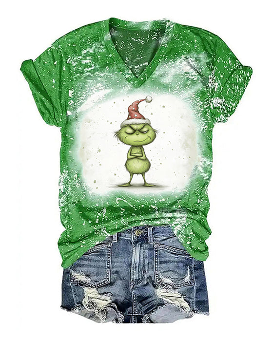 Lässiges T-Shirt mit V-Ausschnitt und Grinch-Print, kurzärmlig