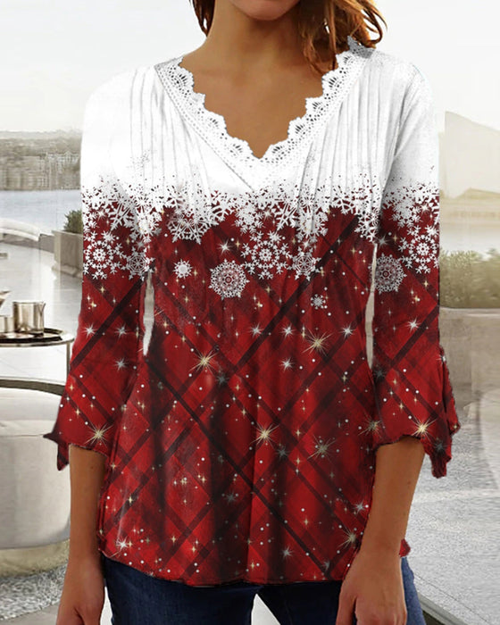 Snowflake Print V-Ausschnitt Top