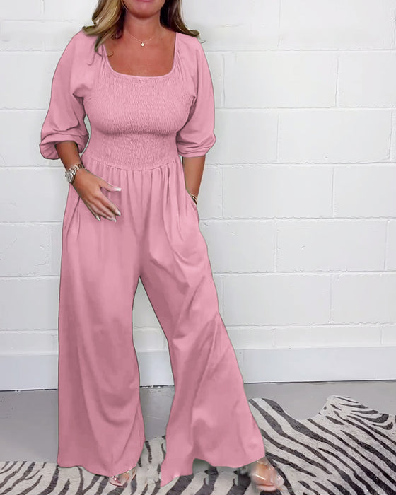 Einfarbiger Jumpsuit mit quadratischem Ausschnitt und Taschen