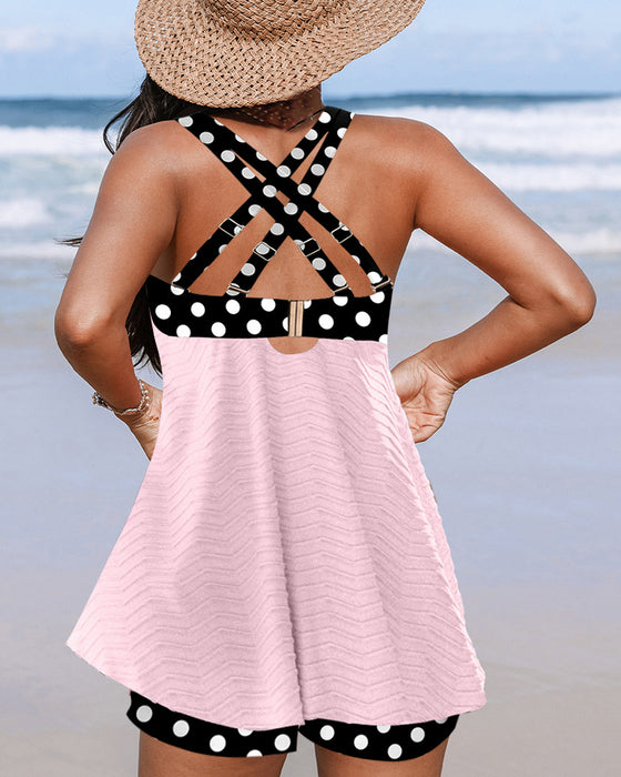 Tankini-Badeanzug mit geripptem Polka-Dot-Print