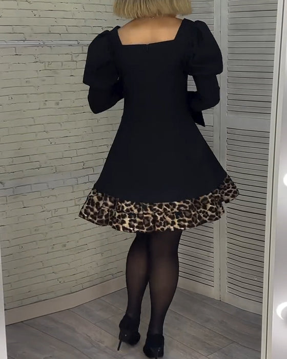 Kleid elegant Puffärmel Leopardenmuster