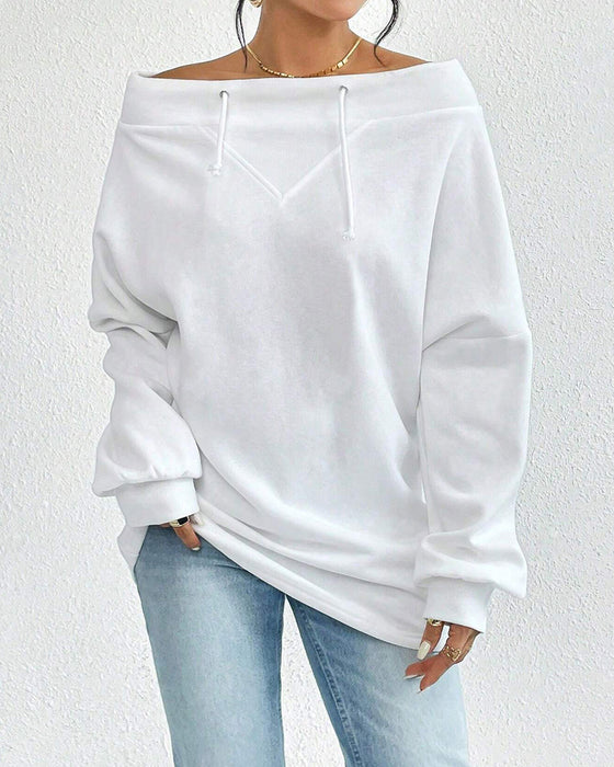 Modisches, einfarbiges sweatshirt mit one-shoulder-ärmel und kordelzug