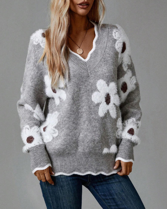 Lässiger pullover mit blumenmuster und V-ausschnitt