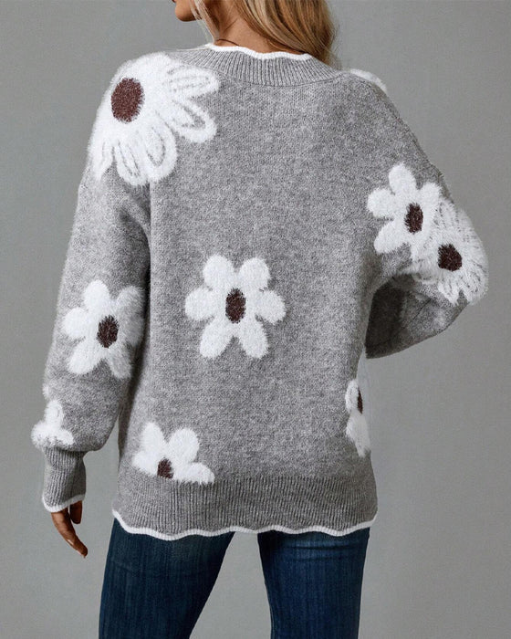 Lässiger pullover mit blumenmuster und V-ausschnitt