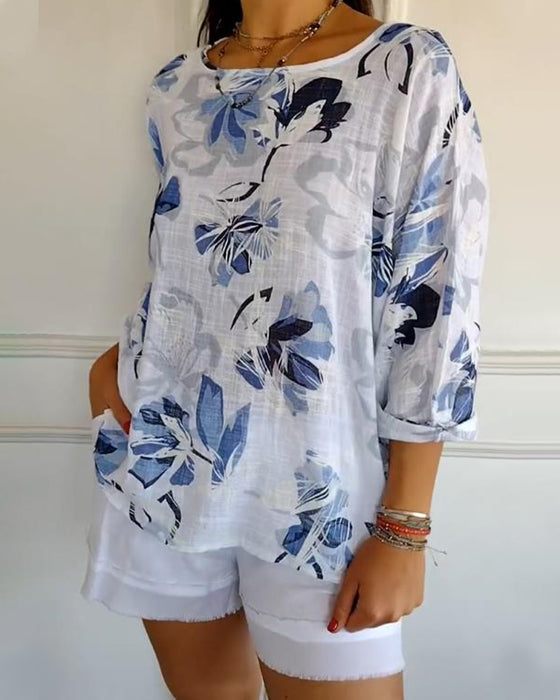 Bluse Rundhals Langarm Druck