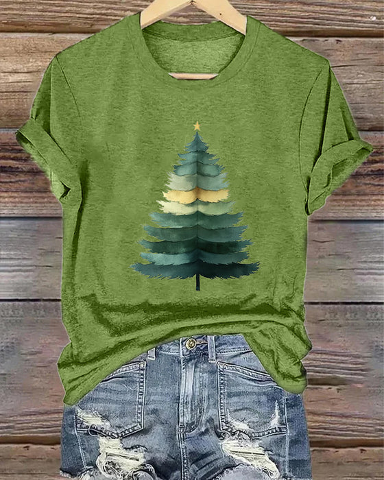 Einfarbiges T-shirt mit rundhalsausschnitt und weihnachtsbaum-print