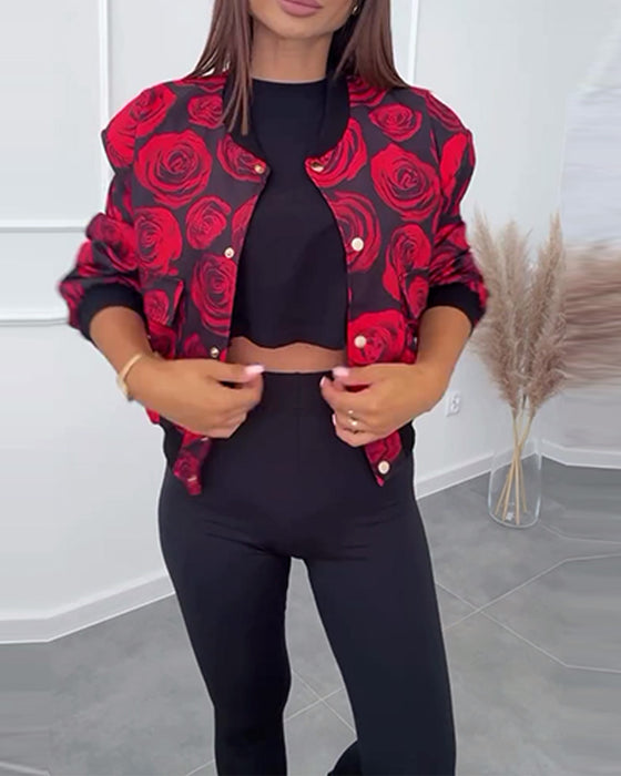 Lässige Jacke mit Knöpfen und Rosen-Print