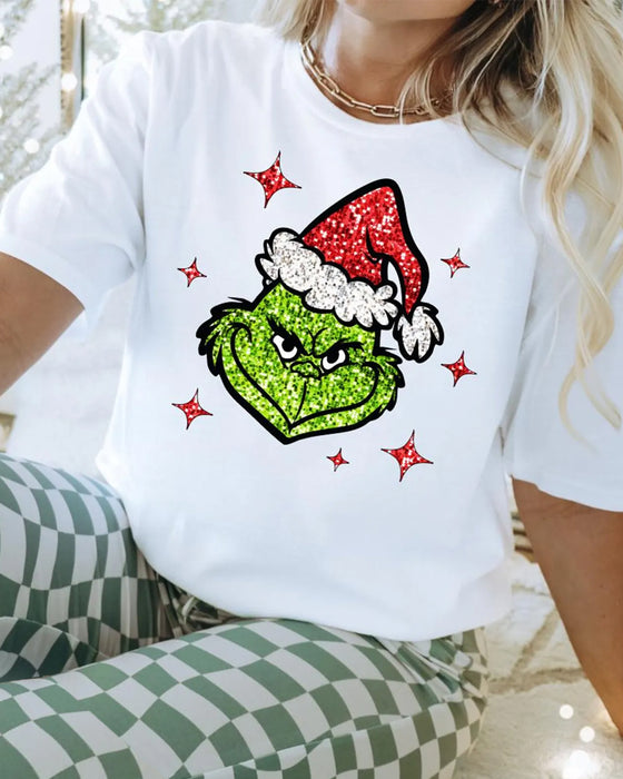 T-Shirt Weihnachten mit Grinchgesicht und künstlichem Glitzer