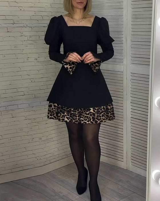 Kleid elegant Puffärmel Leopardenmuster