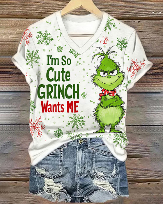 Lässiges T-shirt mit v-ausschnitt und grinch-schriftzug-print