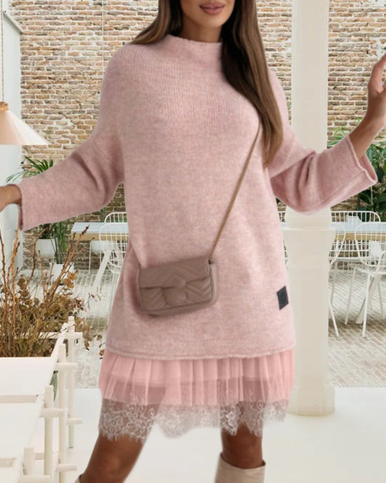 Lässiges, einfarbiges pullover-netzkleid-set mit hohem kragen