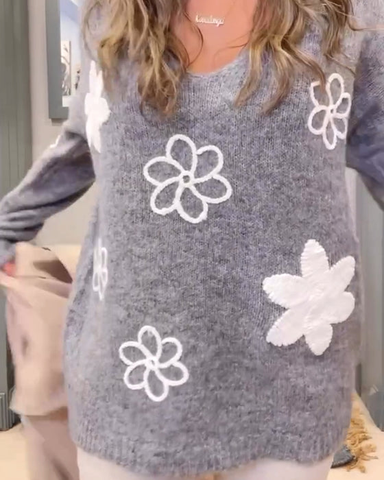 Lässiger pullover mit blumenmuster und V-ausschnitt und langen ärmeln