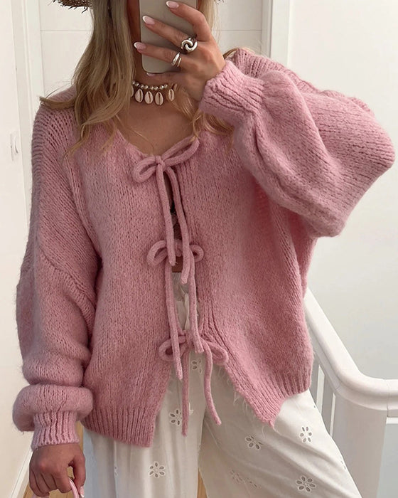 Einfarbige Strickjacke mit Schnürung im Lazy-Stil