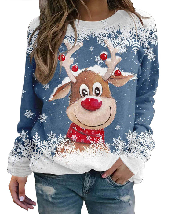 Weihnachts-sweatshirt mit rentier- und schneeflocken-print und langen ärmeln