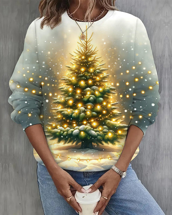 Lässiges Sweatshirt mit langen Ärmeln und buntem Weihnachtsbaum-Print