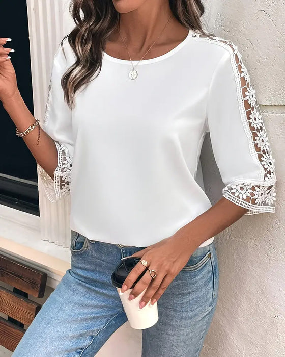 T-Shirt Einfarbig Loch Haken Patchwork