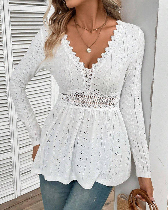 Top V-Ausschnitt Langarm Taille