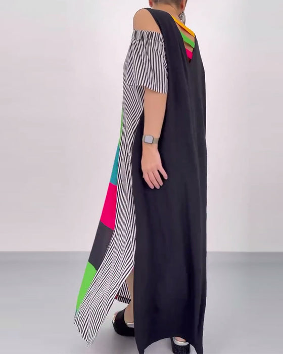 Kleid Rundhalsausschnitt Kariert Gestreift Schlitz