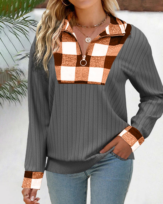 Gestreiftes farbblock-pullover-sweatshirt mit reißverschluss und revers