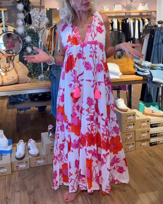 Kleid ärmellos mit Fransen Blumenmuster