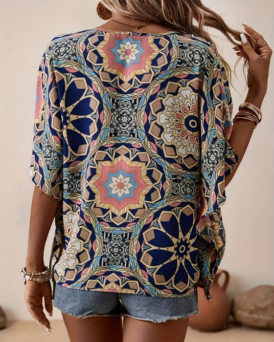 Bluse mit halblangen knöpfen, v-ausschnitt und retro-print