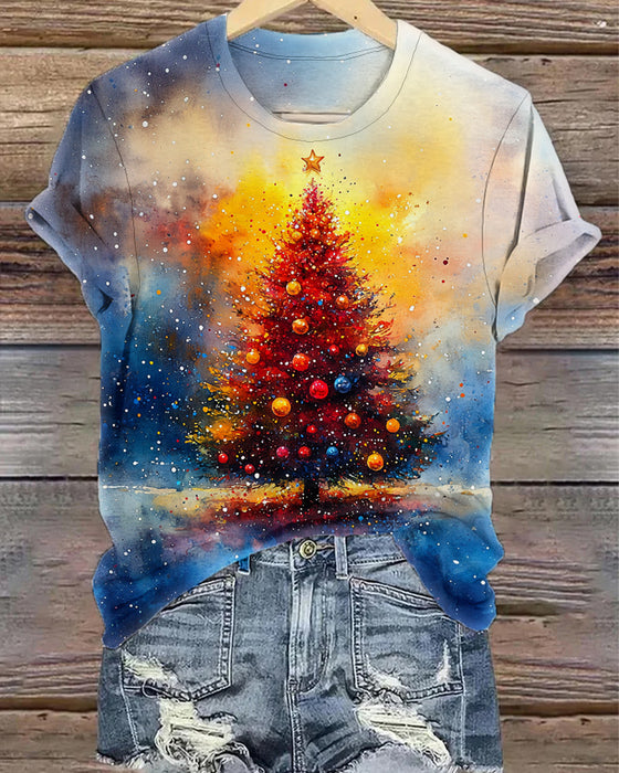 Lässiges T-shirt mit rundhalsausschnitt und farbverlauf mit weihnachtsbaum-print