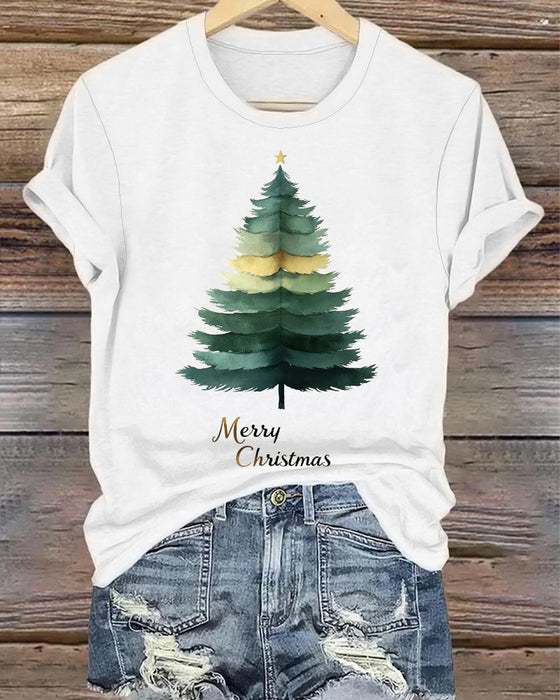 Einfarbiges T-shirt mit rundhalsausschnitt und weihnachtsbaum-print