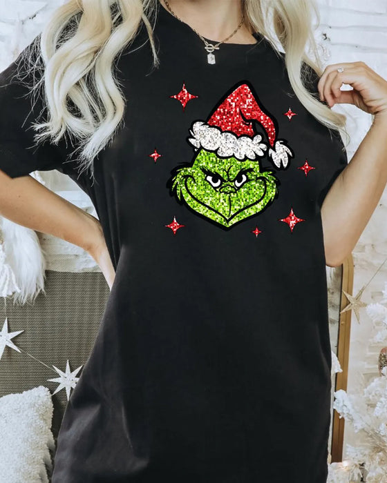 T-Shirt Weihnachten mit Grinchgesicht und künstlichem Glitzer