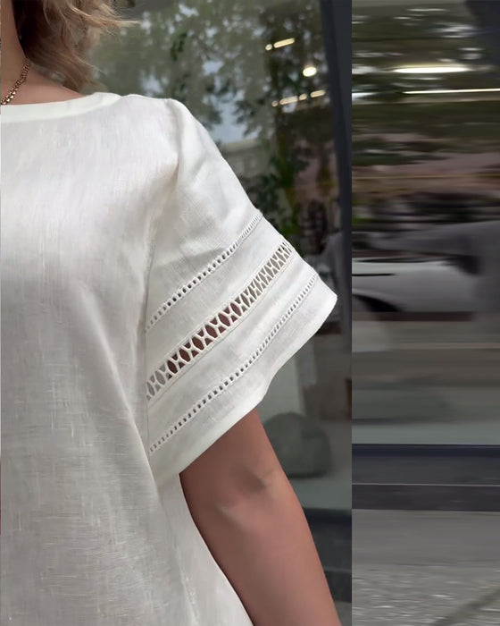 Kleid Lässig Rundhals Einfarbig Ausgeschnitten