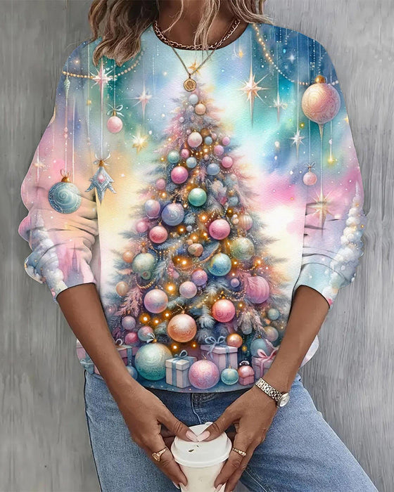 Lässiges Sweatshirt mit langen Ärmeln und buntem Weihnachtsbaum-Print