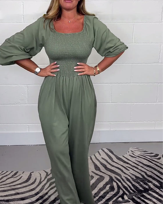 Einfarbiger Jumpsuit mit quadratischem Ausschnitt und Taschen