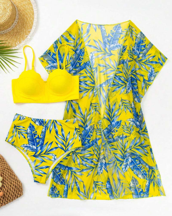 Push-Up-Bikini-Set Mit Tropischer Druckerei Und Kimono Sommerstrand