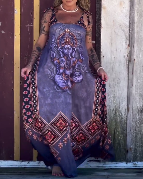 Kleid V-Ausschnitt Retro-Print Träger
