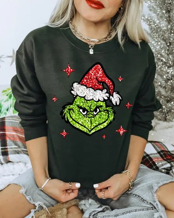 Weihnachtspullover mit Grinch-Gesicht und Glitzer