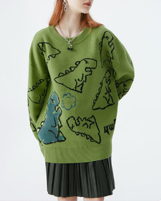 Lässiger Pullover mit Rundhalsausschnitt und Dinosauriermuster