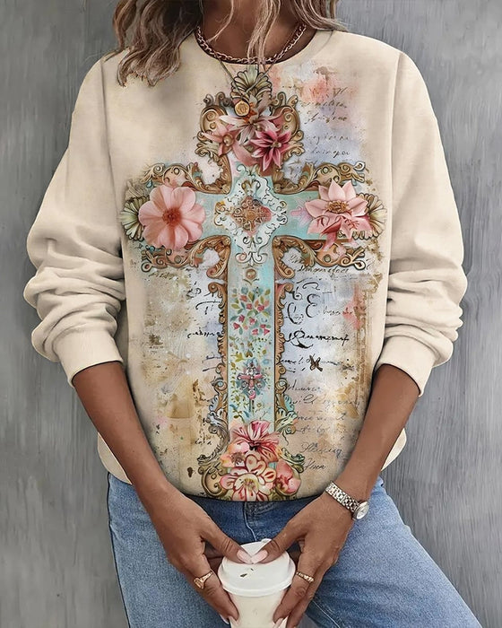 Lässiges pullover-sweatshirt mit blumen- und kreuz-print für damen