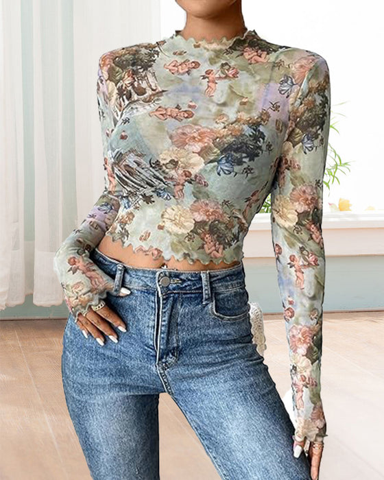 Slim-fit-top mit blumendruck