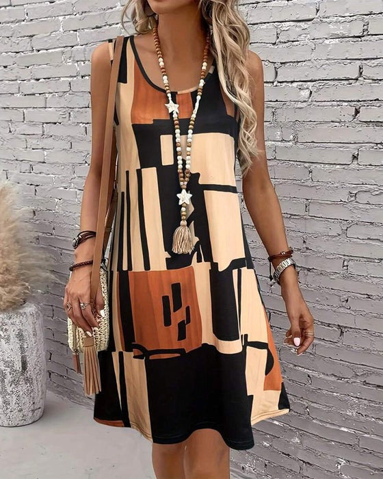 Kleid Ärmlos Rundhals-Ausschnitt Retro-Print