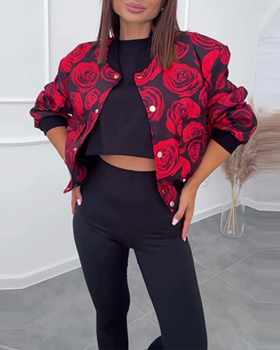 Lässige Jacke mit Knöpfen und Rosen-Print