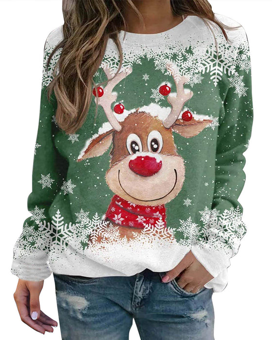 Weihnachts-sweatshirt mit rentier- und schneeflocken-print und langen ärmeln