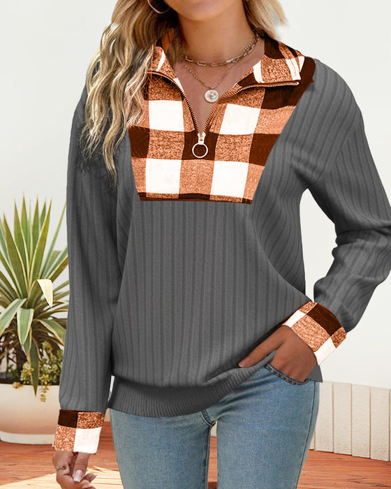 Gestreiftes farbblock-pullover-sweatshirt mit reißverschluss und revers