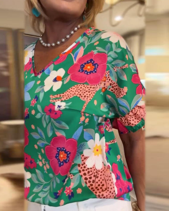 Bluse mit V-Ausschnitt Blumenmuster Kurzarm
