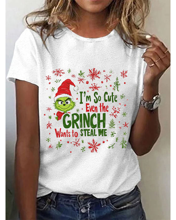 Lässiges T-shirt mit schneeflocken-grinch-print und kurzen ärmeln