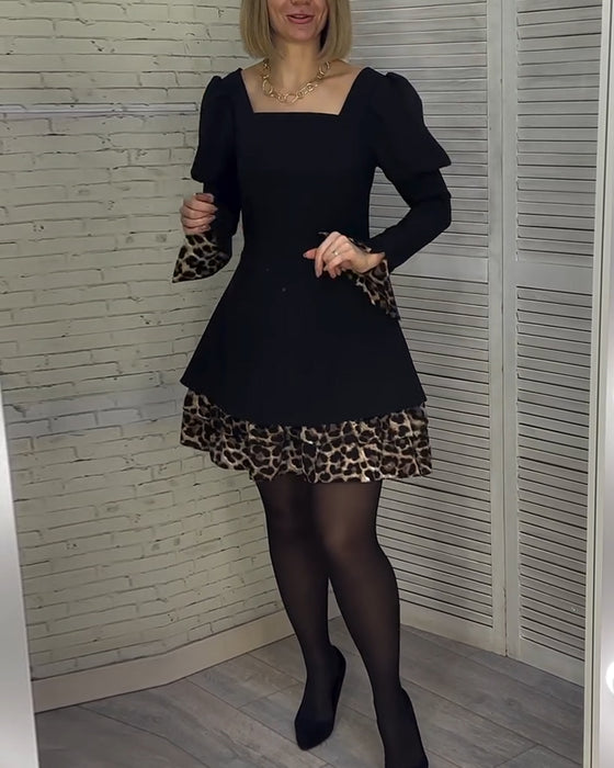 Kleid elegant Puffärmel Leopardenmuster